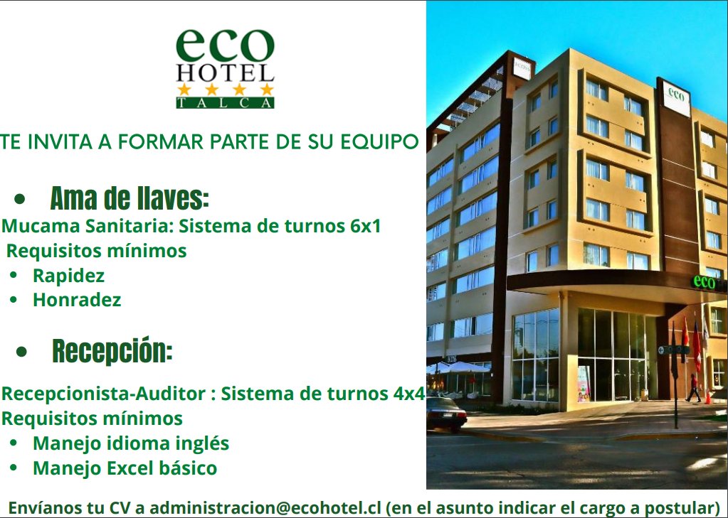 Buscamos nuevos talentos para nuestro equipo!
Postula en administracion@ecohotel.cl