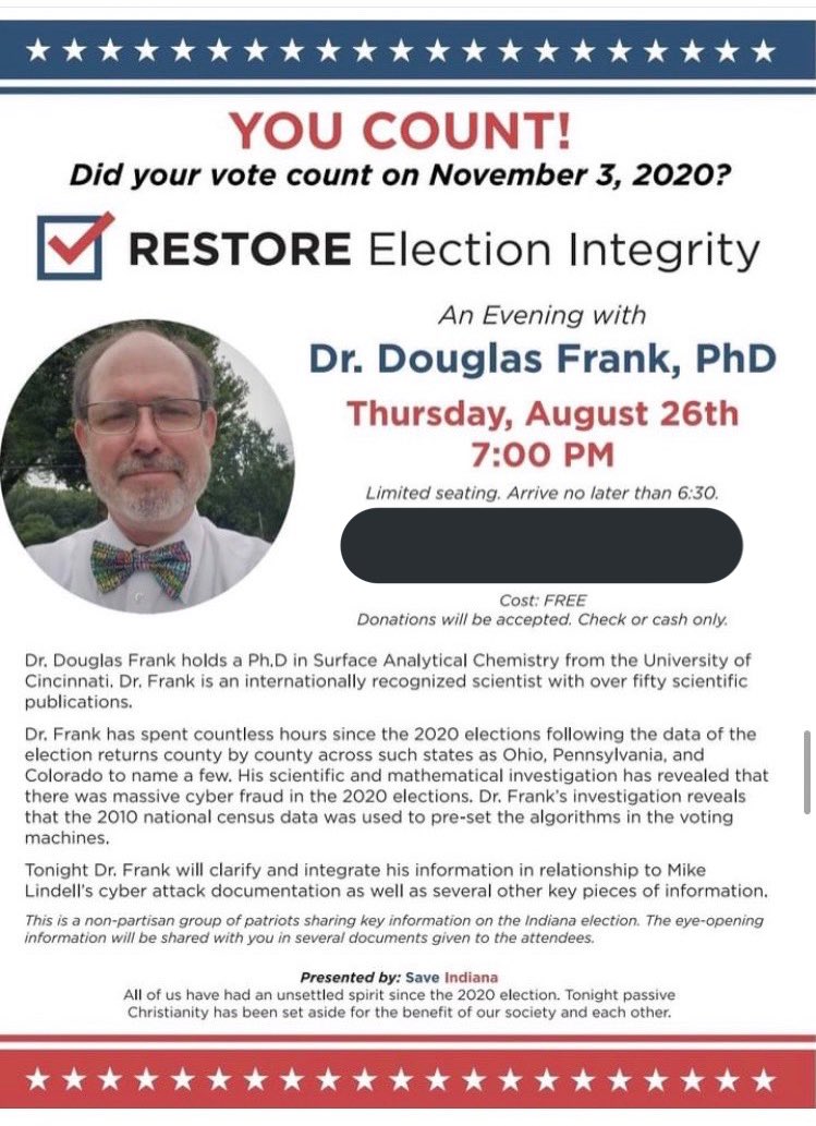 nsfhbtown's tweet photo. Looks like it’s time to talk about how My Pillow CEO Mike Lindell’s surrogates are cropping up in Indiana to spread election misinformation. Let’s start with who “Dr. Douglas Frank” is. And why he’s showing up in Noblesville #Indiana a week from now. A 🧵. https://t.co/X2cUNhlXr2