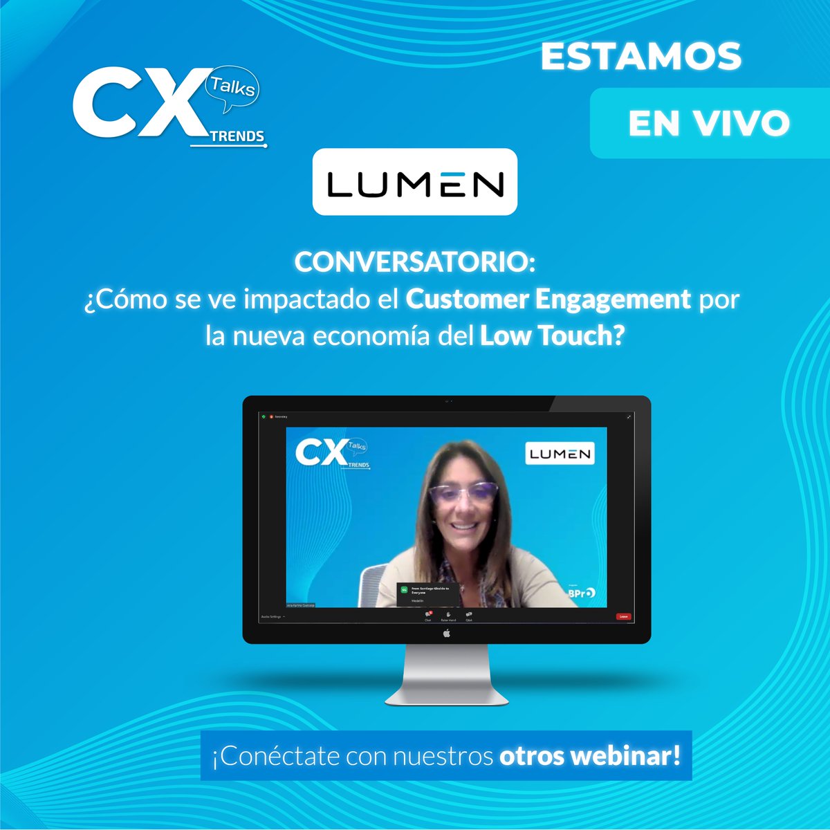 BPrO_org's tweet photo. Damos inicio al #CXTalks de hoy con la apertura de nuestra presidenta @anakarinaqa sobre el conversatorio: ¿Cómo se ve impactado el Costumer Engagement por la nueva economía del Low Touch? #Experience #innovation 
@lumen_latam https://t.co/ZIDTMsR4kH