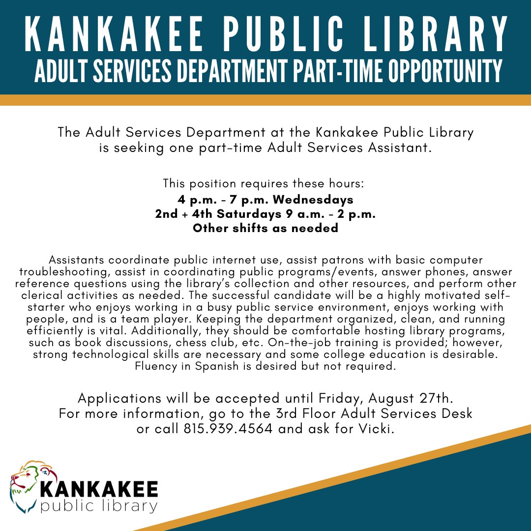 KankakeeLibrary's tweet image. We are hiring in our Adult Services Department at the Kankakee Public Library! #KankakeeAreaJobs #KankakeePublicLibrary #KankakeeCounty #LibraryJobs