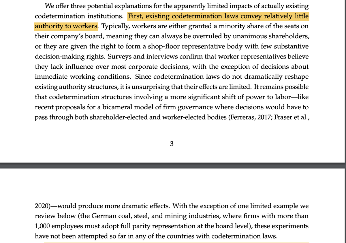 LEPossibility's tweet image. Existing #codetermination laws convey relatively little power to workers.

Surveys suggest workers at codetermined firms feel they wield some influence over decisions regarding working conditions, but little else.

nber.org/papers/w28921?…