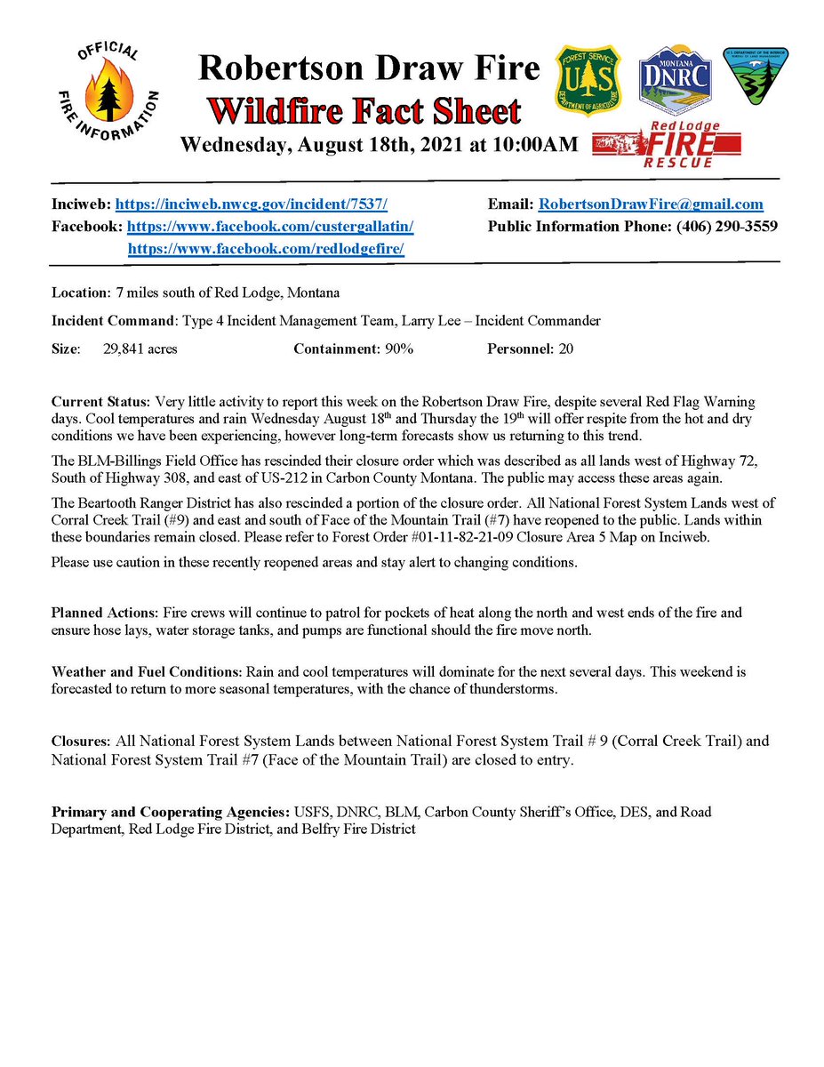 #robertsondrawfire August 18th Weekly Update Below - Some closure orders rescinded, cool temperatures and rain this week, returning to hot and dry in long-range forecasts. #FireYear2021