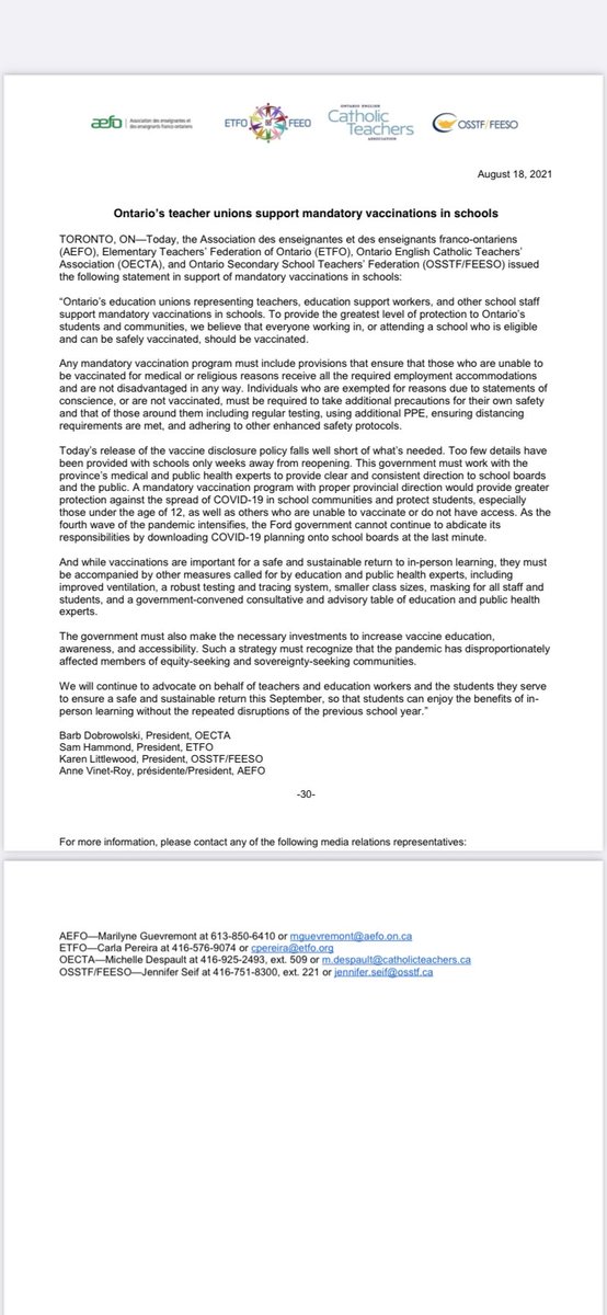 OsstfD's tweet photo. Joint education union statement re: vaccinations https://t.co/FNeT3QlPrR