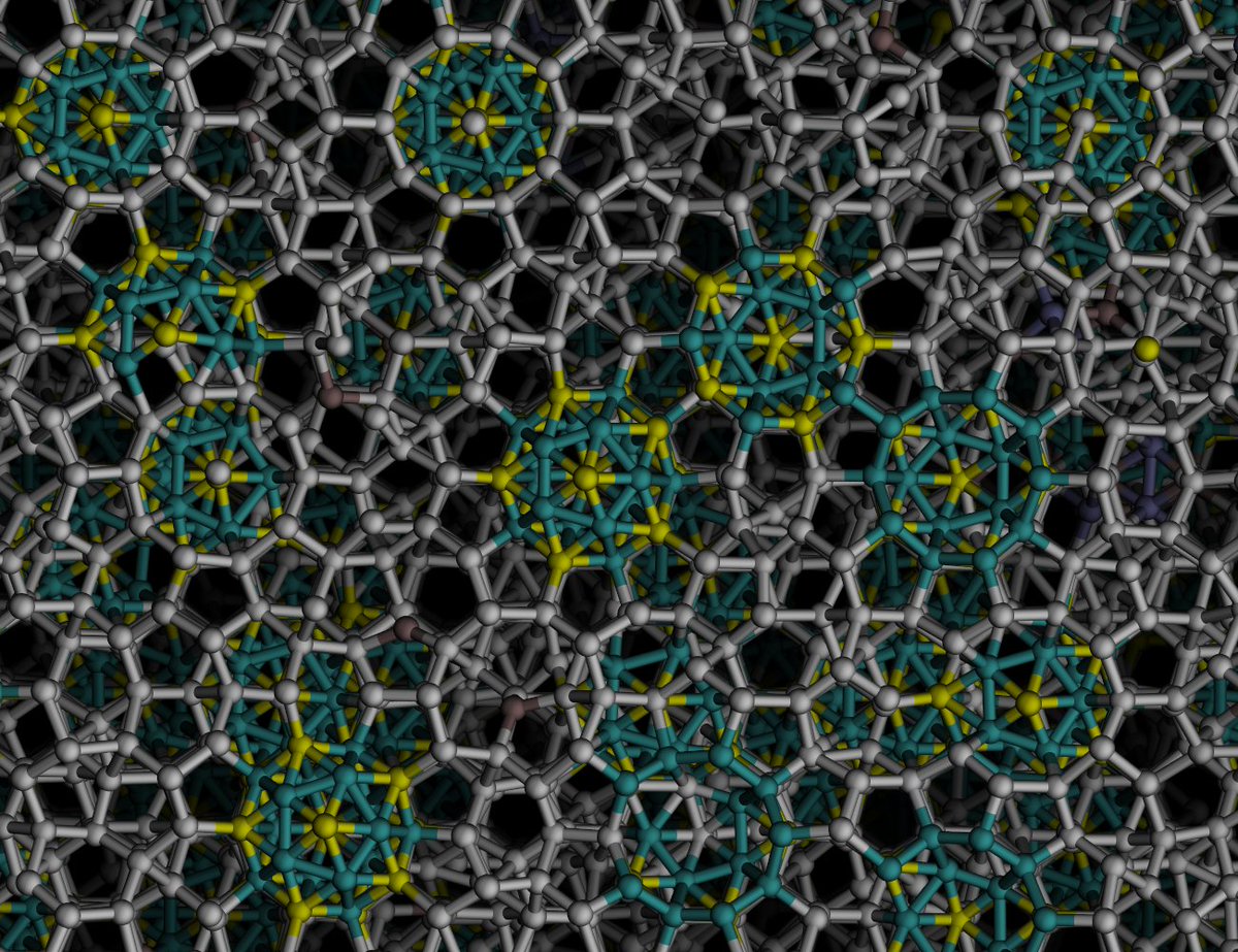 JonathanDoye's tweet photo. This is a cut through one of the quasicrystals along one of the fivefold axes of symmetry. Notice that all the triacontahedral cluster have the same orientation. https://t.co/16pkP20S13