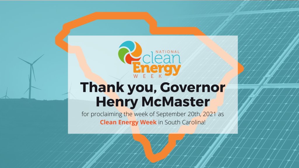 CCE_SC's tweet image. Thank you @HenryMcMaster for recognizing National Clean Energy Week! 

By incorporating clean energy policies – whether through infrastructure or as part of our energy plan – we can build a brighter, stronger &amp;amp; cleaner future for our state and country. bit.ly/3xTpenz