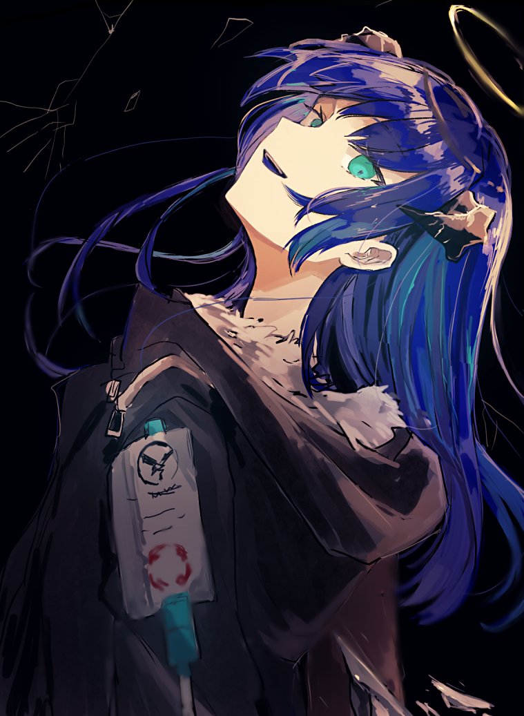 mostima (arknights) 1girl solo long hair halo horns blue hair looking at viewer  illustration images