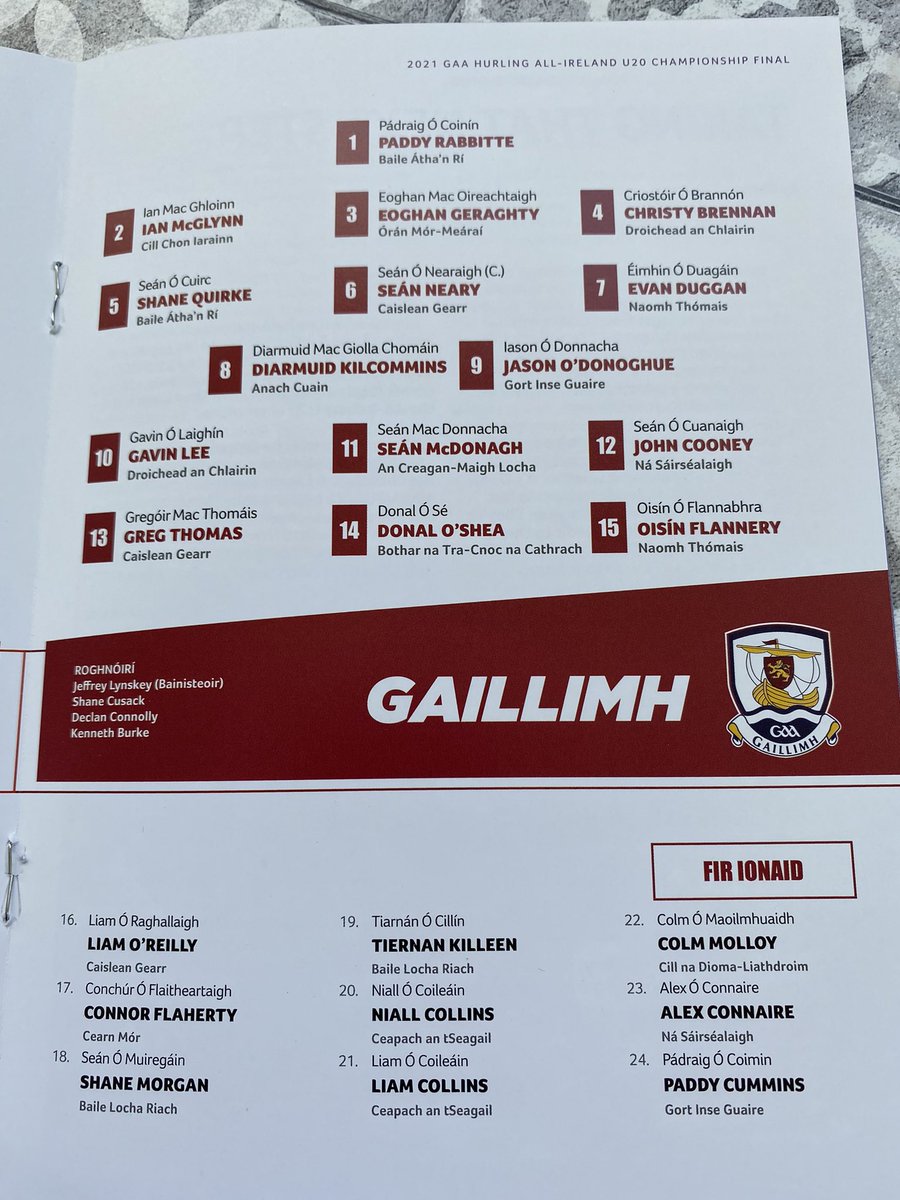 mickeydoe's tweet photo. Some confusion around the @Galway_GAA under 20 team playing in this evenings All Ireland U20 final. This is the official programme, with two personnel changes and several positional changes from the team issued during the week. https://t.co/bjJCRxHFtt