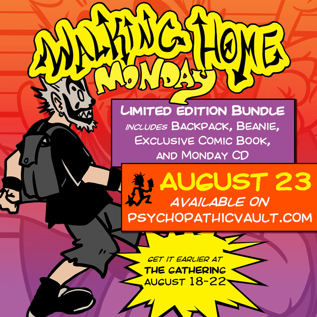 icp's tweet photo. WALKING HOME MONDAY 
Get it early at the Gathering August 18-22
Available on https://t.co/gwqwlHsxmy Monday August 23rd
Limited Edition Bundle includes backpack, beanie, exclusive comic book and Monday CD https://t.co/eM83Cvq1UW
