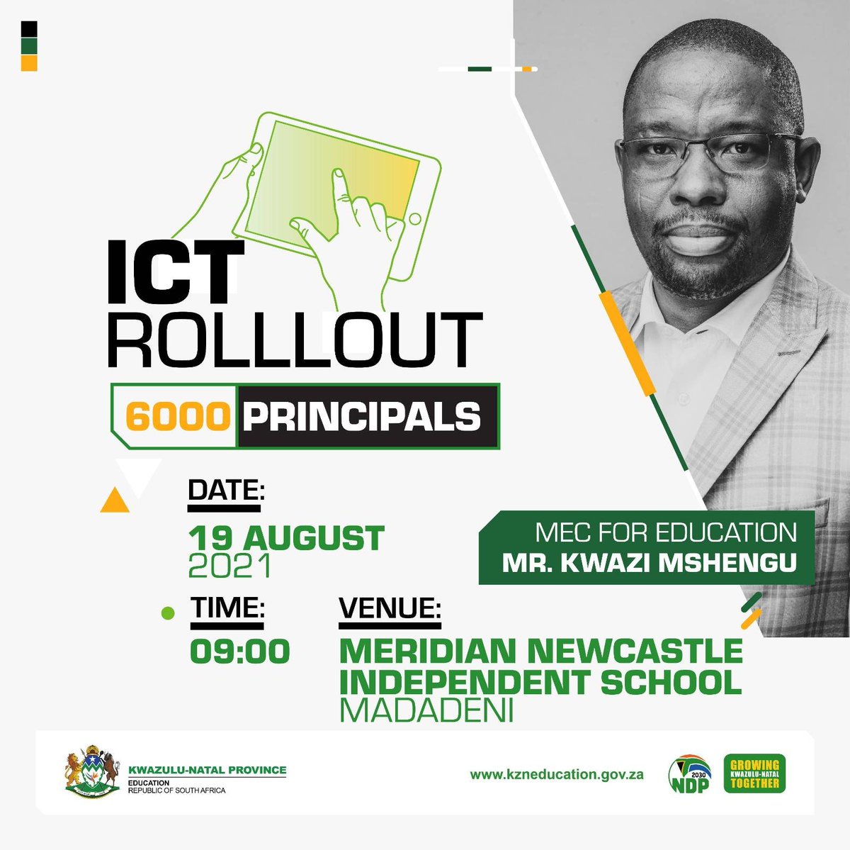 DBE_KZN's tweet photo. MEC for Education KZN Mr Kwazi Mshengu to rollout ICT  aids to over 6000 Principals. This is part of the continued efforts to adequately equip them with the appropriate tools to execute their duties.
#KZNEducation #GrowingKZNTogether https://t.co/QLAuhwQFSv