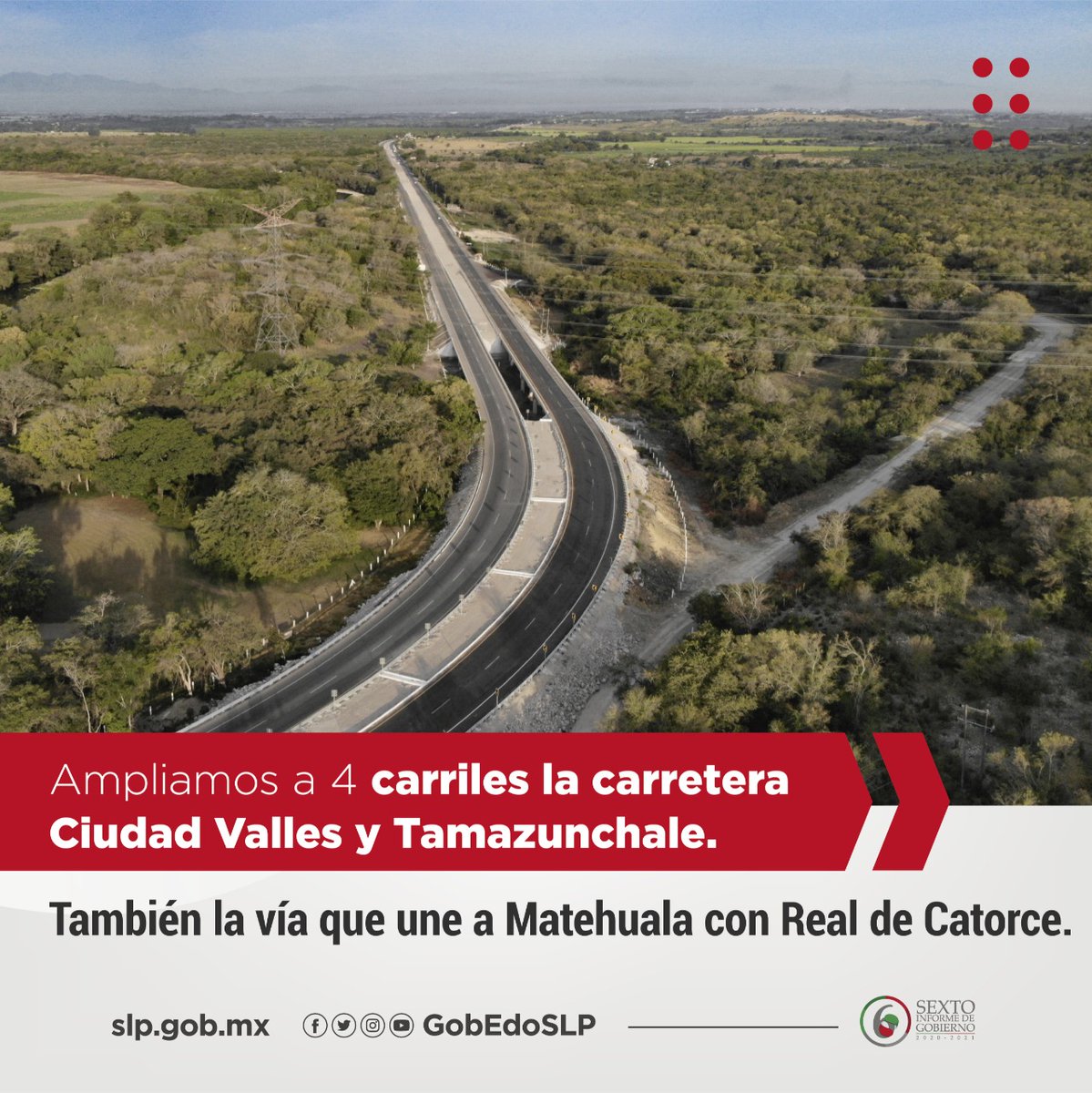 Modernizamos y ampliamos a 4 carriles la carretera entre Ciudad Valles y Tamazunchale, también la vía que une Matehuala con Real de Catorce.

 #ProsperamosJUNTXS

Entérate ➡️ bit.ly/37SEbvA