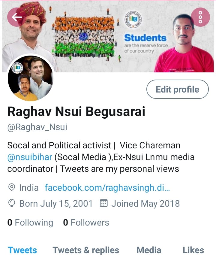 @DrArchanaINC @INCIndia मेरी पुरानी आईडी @raghav_nsui को सस्पेंड कर दिया गया है।
कृपया आप हमें अब यहां Follow कर सकते हैं 👉 @RaghavInc_
