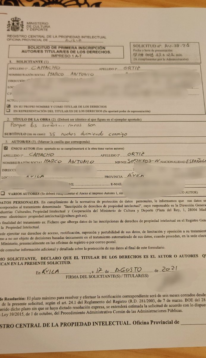 marco_camacho's tweet photo. Bueno, pues ya ha quedado registrada la obra en la propiedad intelectual.
Ya queda muy poco. En estos días habrá más noticias porque se mueve rápido la cosa. Saludos. https://t.co/NRfTGGgKdT