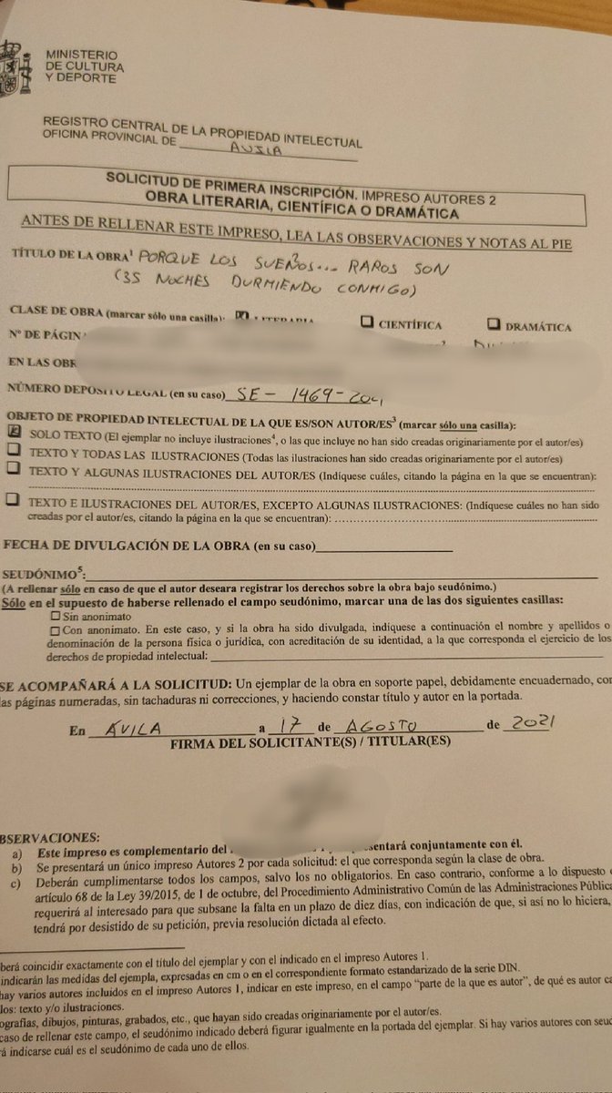 marco_camacho's tweet photo. Bueno, pues ya ha quedado registrada la obra en la propiedad intelectual.
Ya queda muy poco. En estos días habrá más noticias porque se mueve rápido la cosa. Saludos. https://t.co/NRfTGGgKdT