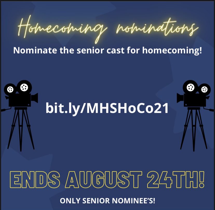 Homecoming nominations start today! Nominate members of the senior class for homecoming court.