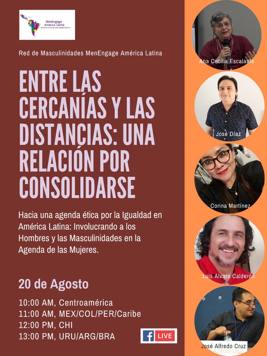 Hacia una agenda ética por la igualdad en AL
Cap 3. 
Con la participación de: 
Ana Cecilia Escalante (CR)
José Díaz (COL)
Corina Martínez (MEX)
Luis Alvaro Calderón (CR)

Conduce: José Alfredo Cruz

#haciaunaagendaporlaigualdad
#involucrandoaloshombres
#incidenciamela