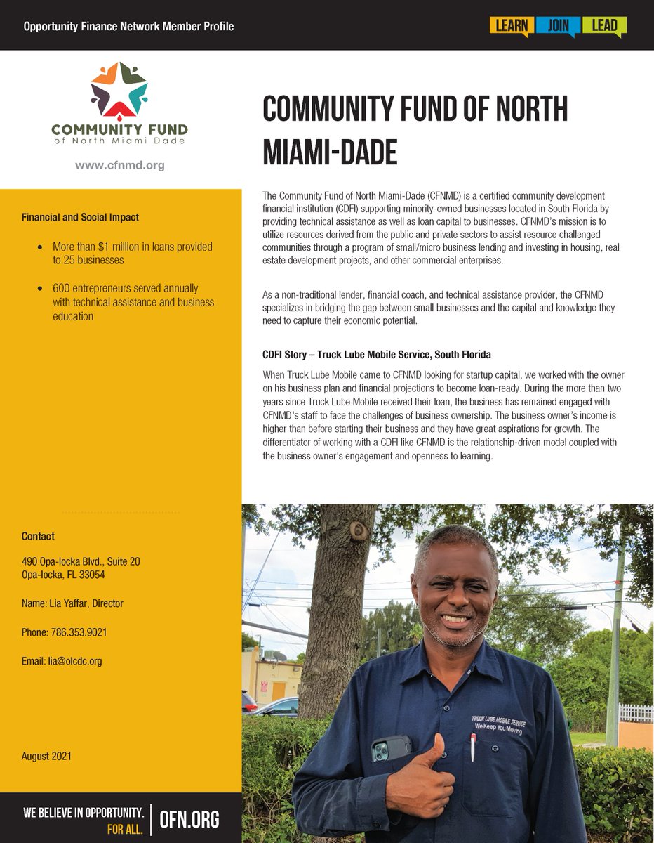 OppFinance's tweet photo. Based in Opa-locka, Florida, OFN member #CDFI @thecfnmd specializes in bridging the gap between small businesses and the capital and knowledge they need to capture their economic potential. Learn more in their #OFNMemberProfile. https://t.co/rkVuBWRhWw https://t.co/X5W2awMv83