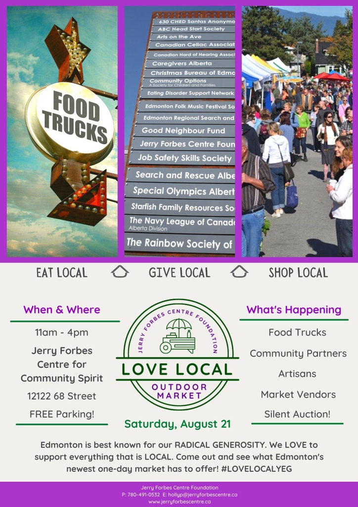 Join us & many of the Jerry Forbes Centre for Community Spirit charities at LOVE LOCAL event on Sat, Aug 21.  

#LoveLocal #YEGLocal #YEG #YEGFood #YEGCharities #Volunteers #TogetherIsBetter #Support #Community #YEGCommunity #BringJoy #JFC #JerryForbesCentre

@JerryForbesCntr