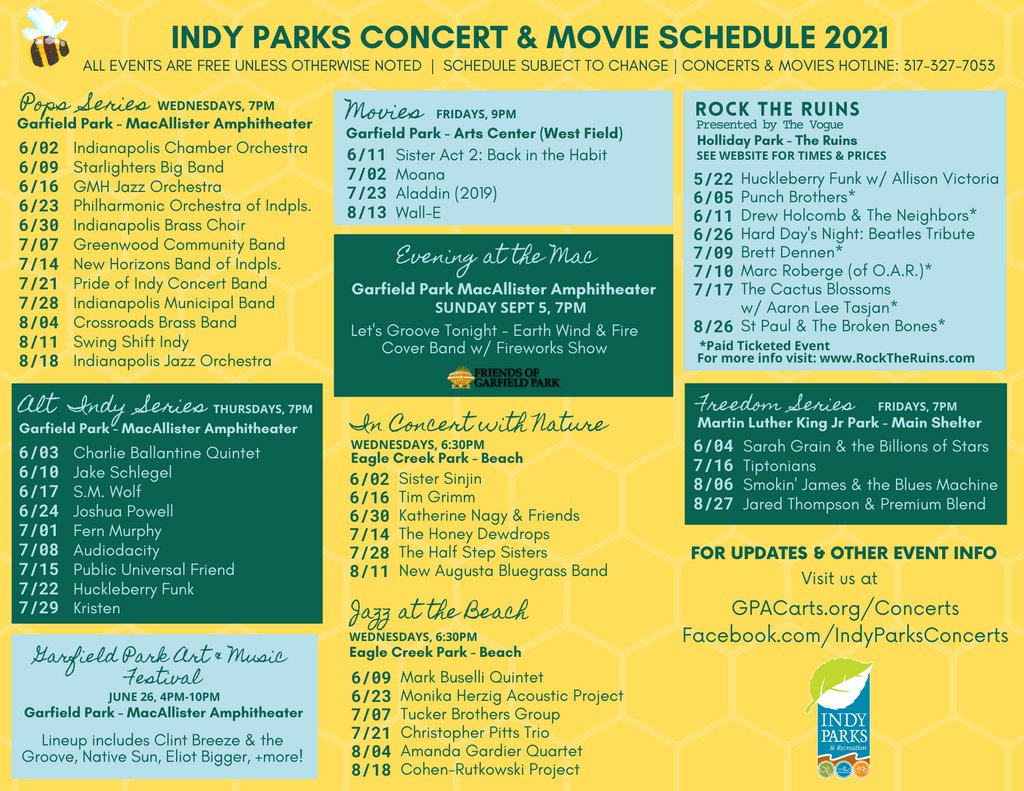 It's been a great summer of concerts and movies in Indy Parks! 🎶 Join us tonight at Eagle Creek Park and Garfield Park for performances from Cohen-Rutkowski Project and the Indianapolis Jazz Orchestra! For questions call 317-327-7053