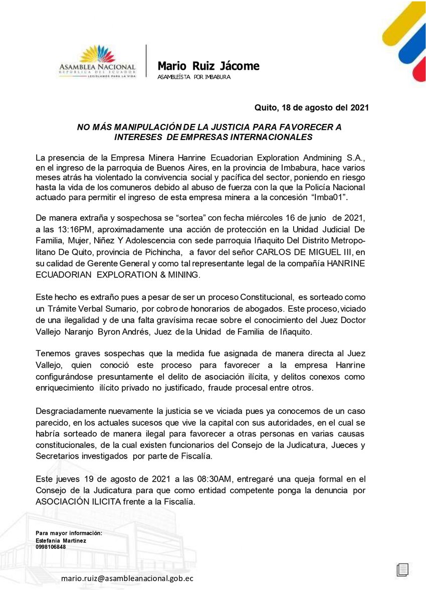 MarioRuizJacome's tweet photo. ❗️IMPORTANTE🛑
A los medios de comunicación a los diferentes medios de comunicación y a la ciudadanía en general a la entrega de la #QuejaFormal #ConsejoNacionaldelaJudicatura por las irregularidades y manipulación del sistema informático en el sorteo de la Acción de Protección. https://t.co/fJNT1pvji3