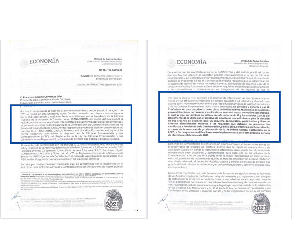 El día de hoy, a petición de <a href="/enoch_cfz/">Enoch Castellanos Férez</a> presidente de <a href="/CANACINTRAMex/">CANACINTRA México</a>, la <a href="/SE_mx/">Economía México</a> exhortó a <a href="/CONCAMIN/">CONCAMIN</a> a realizar un cambio en sus estatutos en un plazo no mayor a 10 días a fin de que se alineen a la Ley de Cámaras y sean más democráticos, incluyentes y objetivos. 🏭⚙️