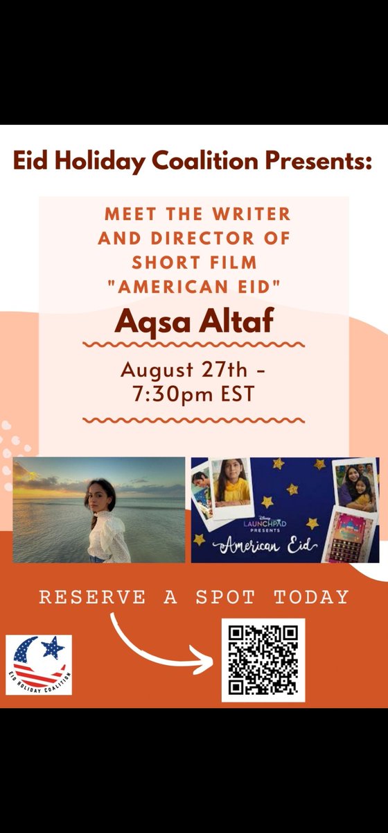 DrUzmaSyed's tweet photo. We are excited to host @AqsaAltaff  the talented writer &amp; director of Disney's short film American Eid !
Reserve your spot today for this exclusive event:
https://t.co/AF8dXZ4Faw https://t.co/pWaJGxkcby https://t.co/19BMMoGC4t
