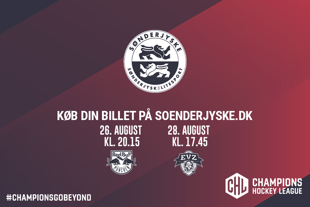 🇩🇪🇨🇭Ab Montag 23/8 10:00 Uhr können Sie Tickets online kaufen auf soenderjyske.dk für unsere Spiele gegen <a href="/RedBullMuenchen/">EHC Red Bull München</a> und <a href="/official_EVZ/">EVZ</a>  nächste Woche in der Champions Hockey League gegen @. Gästeblock ist ”Sektion 7+8”. #ChampionsGoBeyond