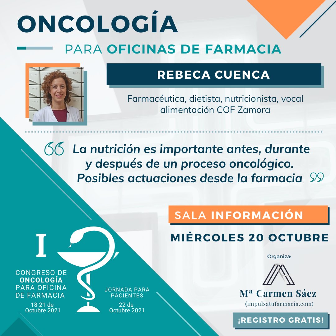 Te esperamos el día 20 de octubre en la sala Información con la ponencia de la Farmacéutica y Dietista Nutricionista especializada en Nutrición del Paciente Oncológico, Rebeca Cuenca <a href="/BkCuenca/">𝗙𝗔𝗥𝗠𝗔𝗕𝗘𝗞𝗔💊🥗 (Farmacia🔛Nutrición)</a> 
solicita tu invitación gratuita en el enlace bit.ly/OncologíaFarma…