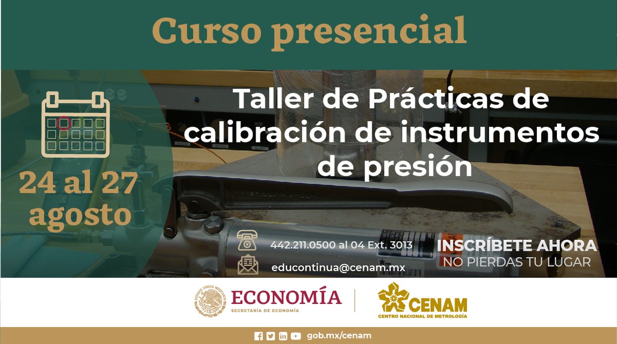 CENAM_Mexico's tweet photo. Taller práctico de #calibracion de #instrumentosdepresion. 24-27 de agosto
https://t.co/u0QqjIHA2r
educontinua@cenam.mx, tel. 4422110500 al 04 ext. 3013
#actualizacionmetrologica #capacitacion #serviciosmetrologicos #metrologia #Infraestructuradelacalidad #manometro #medicion https://t.co/sysdOME8rF