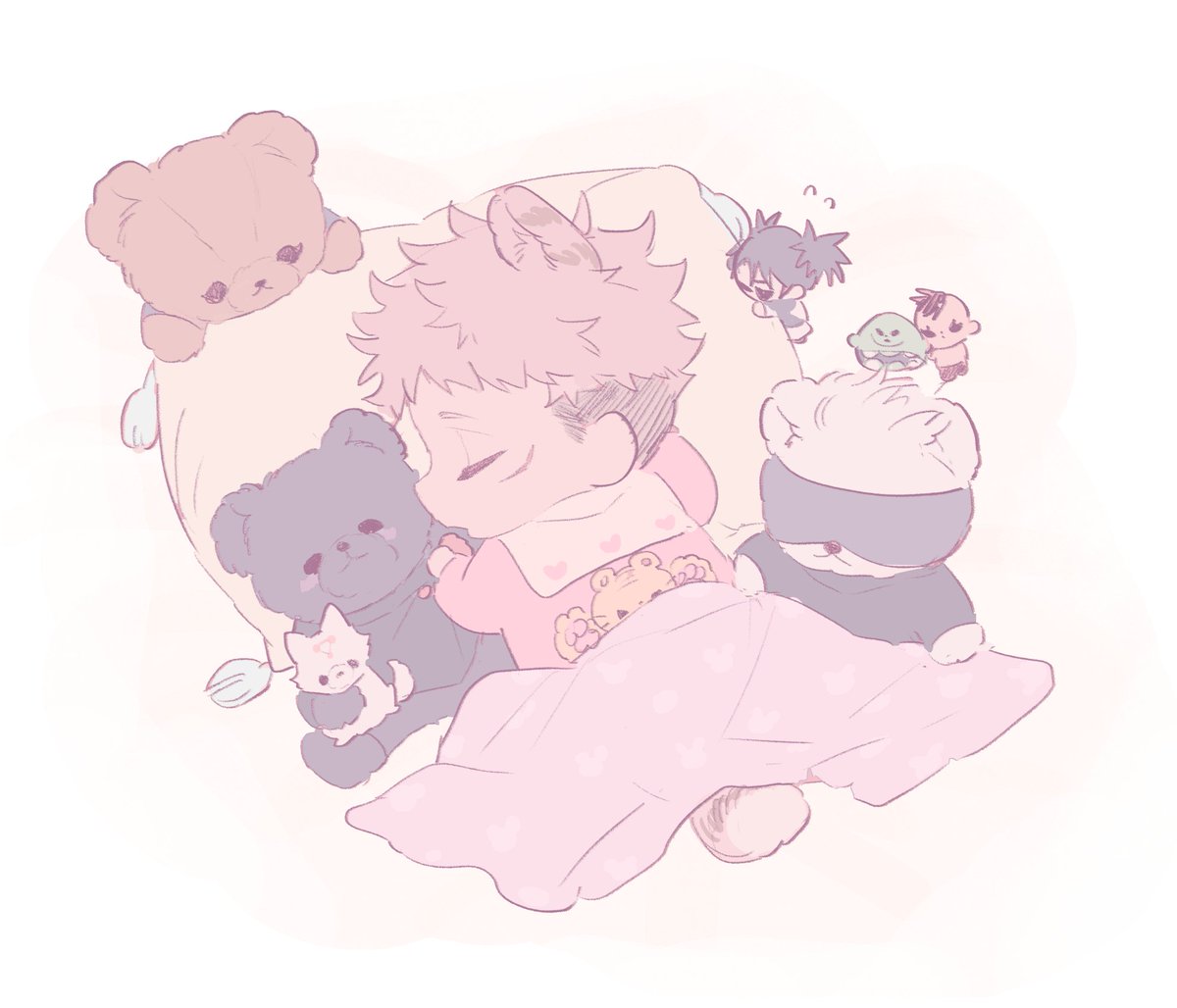 itadori yuuji stuffed toy undercut sleeping multiple boys animal ears stuffed animal pink hair  illustration images
