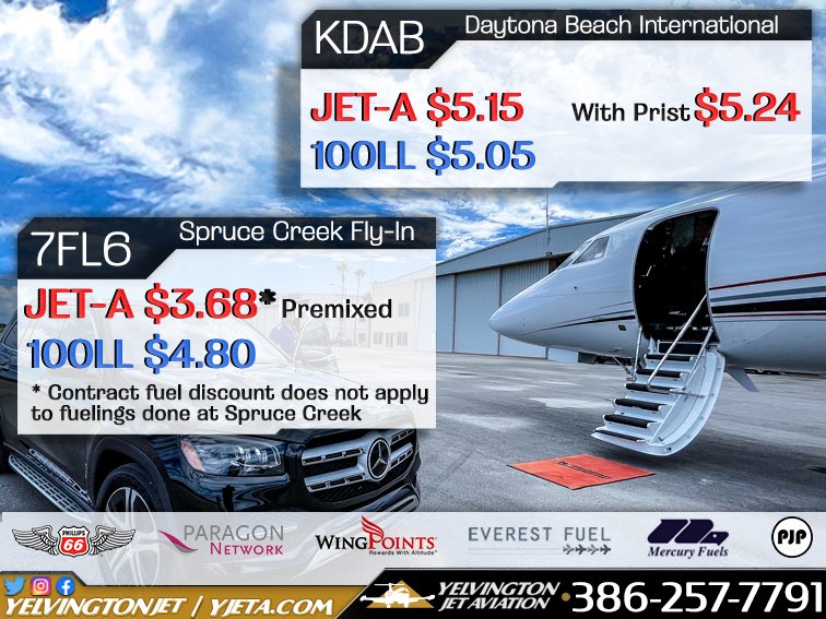 YelvingtonJet's tweet photo. Keep up to date with our latest fuel price. Call us with any questions about fuel contracts and discounts.
•386-257-7791 •https://t.co/9BT9hT4JYs
#yelvingtonjetaviation #jetfuel #avgas #7fl6 #fuelprice #fuelprices #CustomerService #Aviation #kdab #FBO #techstop https://t.co/9y6Hi4Hadr
