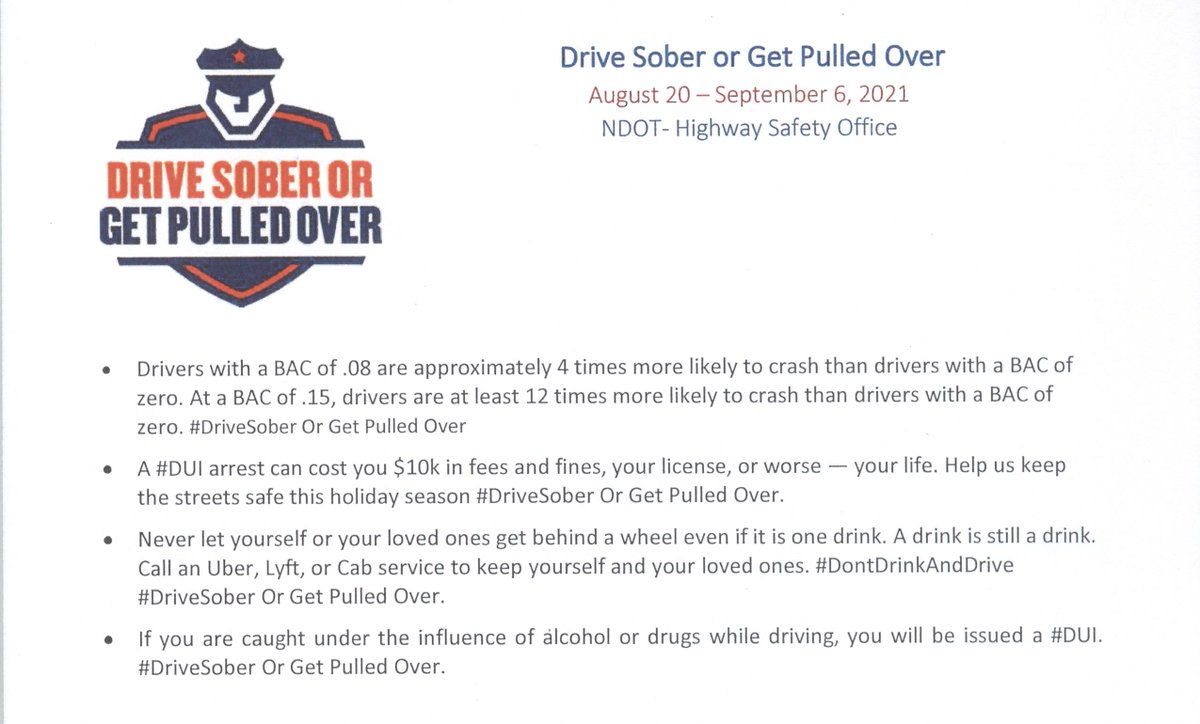 The Aurora Police Department and the Hamilton County Sheriff's Department will be participating in the Nebraska Highway Safety Office's special enforcement mobilization, Drive Sober or Get Pulled Over, from August 20th to September 6th.