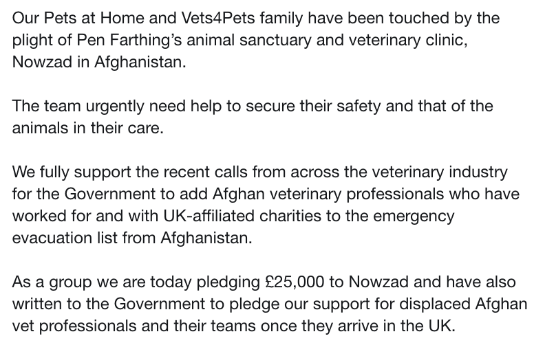 petsukofficial's tweet photo. Our Pets at Home and Vets4Pets family have been touched by the plight of Pen Farthing’s animal sanctuary and veterinary clinic, @Nowzad in Afghanistan. 

If you would like to support this cause directly, you can view more information here: https://t.co/uN3B5f2vRF https://t.co/mHotUanYFC