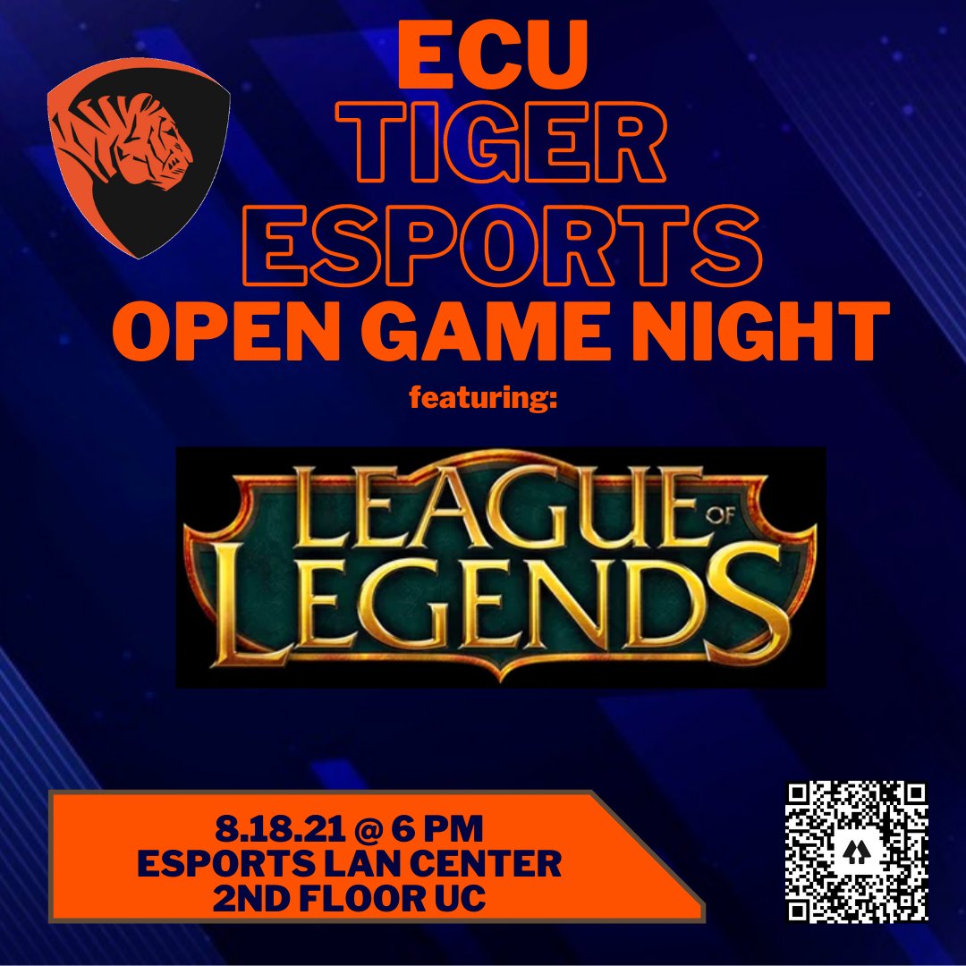 ECUtiger_esport's tweet photo. Join us TONIGHT for League of Legends!  Open Game Nights happen weekly and are FREE for everyone! https://t.co/aVq5g6L8R2