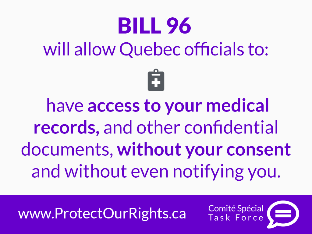 Bill 96 will allow Quebec officials: To have access to your medical or psychological records and other confidential documents without your consent and without even notifying you. Take action to prevent this at protectourrights.ca #polqc #quebec #protectourrights #bill96