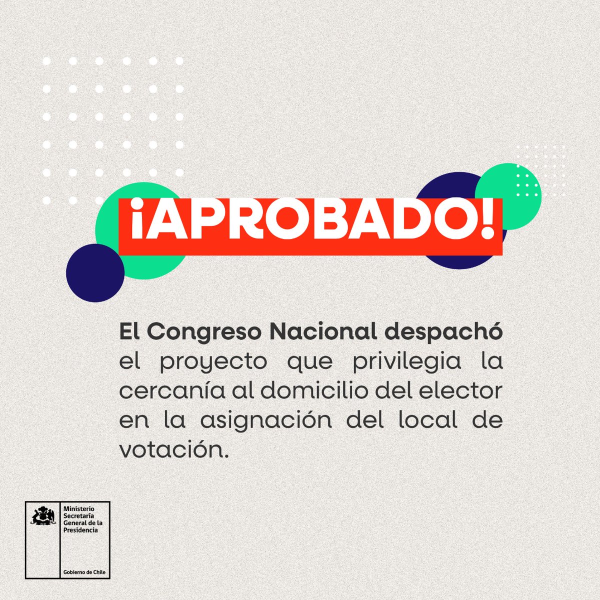¡Buena noticia para fortalecer la democracia de nuestro país con mayor participación ciudadana! 🇨🇱

El Congreso Nacional despachó por unanimidad en ambas Salas el proyecto que modifica la asignación del local de votación, privilegiando el más cercano al domicilio del elector 🗳️