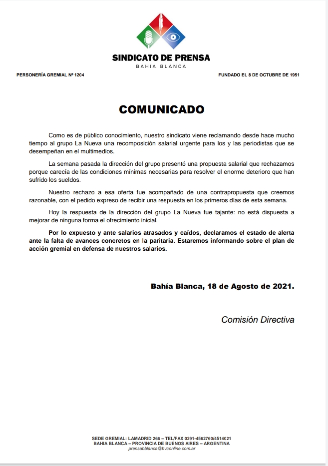 Sindicato de Prensa Bahía Blanca (@sindicatobahia) on Twitter photo 