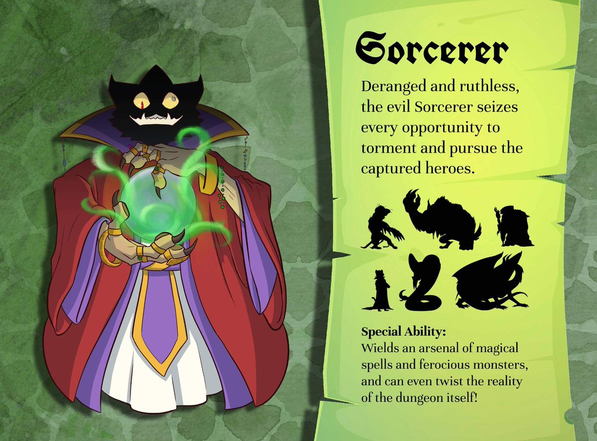 Final character preview—the evil Sorcerer! This player must use an array of monsters, magical spells, and other tricks in order to stop the heroes from recovering the dungeon key and reaching safety. Check out FLEE THE DUNGEON! on <a href="/kickstarter/">Kickstarter</a> (September 15) and at <a href="/gencon/">gencon</a> 2021!