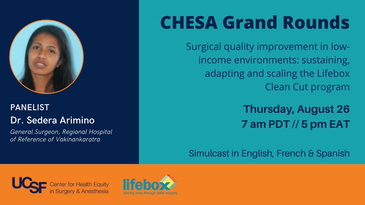 UCSF_CHESA's tweet photo. Dr. Sedera Arimino, gen surgeon ๐ฉโโ๏ธ in Madagascar ๐ฒ๐ฌ She is a joint fellow for @OSGlobalSurgery and @SaferSurgery, implementing the #grandrounds topic, Clean Cut for #SSIreduction
Register: https://t.co/5SCpySPLPu
#womansurgeon #womeninsurgery #chirurgienne #mpandidy https://t.co/7VOdM2J7F3