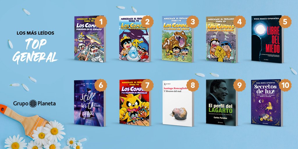 PlanetaLibrosPE's tweet photo. 📣¡Hoy les presentamos nuestro ranking de los libros más leídos!📚🤓
👁️Descubre los entregas que se han convertido en un éxito en ventas y que están en la boca de todo el mundo.✨
#Creemosenloslibros
#Planetalibrospe
#LosMásLeídos
#TopGeneral
#LilydelPilar
@cparedesr https://t.co/sKfrkvw1bb