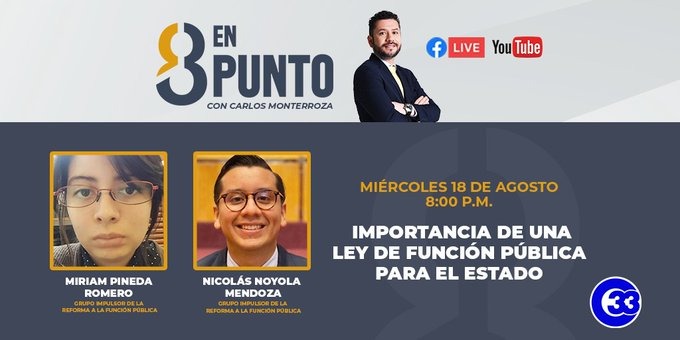 EquipoImpulsor's tweet photo. #FunciónPúblicaSV | Los integrantes de @EquipoImpulsor #EIRFP, @piponoyola y @PinedaMirian1 estarán en @8enpunto hablando de la importancia de una función pública para el Estado.
📆 Miércoles, 18/agosto/2021
🕐 20:00 h (Hora 🇸🇻)
📺 Canal 33
📡 https://t.co/8JQWGCPQPx https://t.co/C8bMyYOOxh