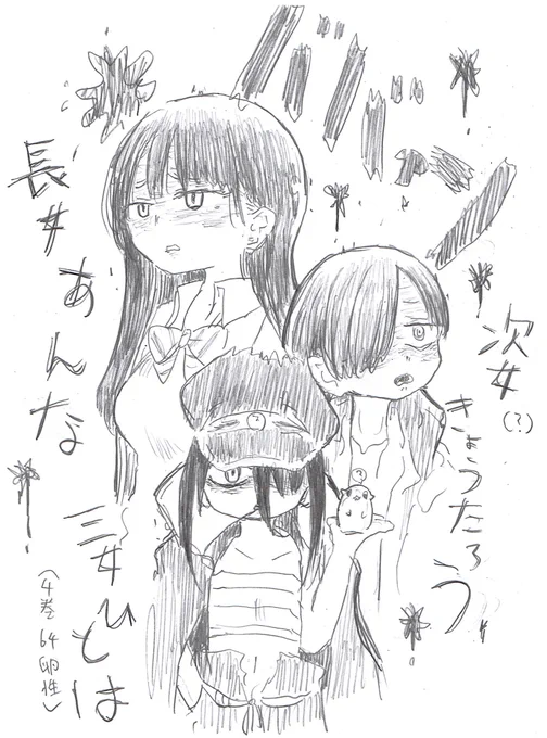今とりかかってる漫画が終わら無さそうなので
息抜きに描いた
バンカラ三女さんかわいい(隙あらば過去作コラボ大好き侍)
#僕ヤバ 
#みつどもえ 