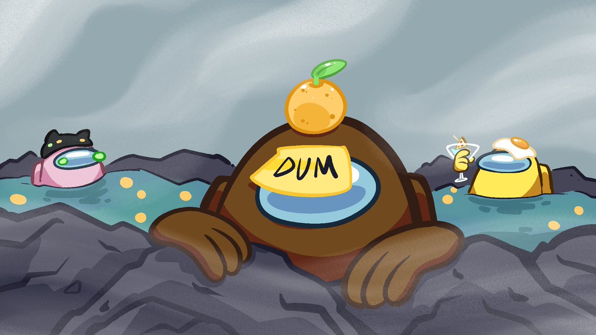 Crewmates chilling in an onsen, looking relaxed. Brown Crewmate has yuzu on top of its head and is at the forefront. Pink crewmate in the background has cucumbers on its visors. Yellow Crewmate in background is holding a maritini glass, garnished with a tiny pizza slice. 