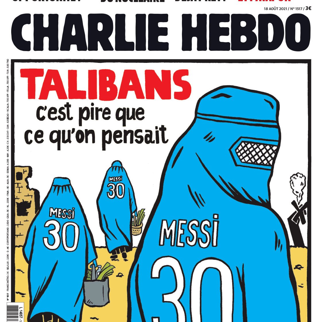 triermogensen's tweet photo. Elsker Charlie Hebdo! Skøn spydig provokation at minde om, at Taleban og Paris Saint-Germain (Messis nye klub) har samme sponsor: diktaturstaten Qatar https://t.co/g1cd5Xalnt