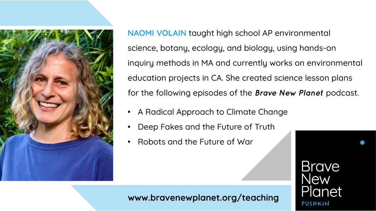 Meet Naomi Volain who helped create science lesson plans for the #BraveNewPlanet podcast! Calling all STEM high school #educators to take a look at these resources for the upcoming school year. bravenewplanet.org/teaching