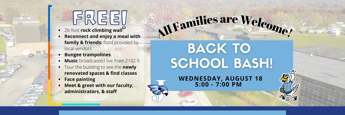 CRJeffersonHigh's tweet photo. Hey there J-Hawks! Don't forget about the Back to School Bash tonight from 5-7pm here at Jefferson. Food, Activities, Informational Booths, and more! We are excited to see our students, families, and community for this great start to the school year! #JeffBleedBlue https://t.co/dJilfduLbU