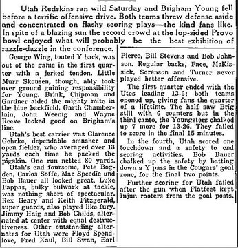 UtahMan1850's tweet photo. #Roadto63
Win #19 - 10/14/1939 - After a tie in 1938, Utah comes back with a strong 35-13 win in Provo. Clarence Gehrke was the leading rusher for Utah, averaging over 13 yards a carry. https://t.co/WrYiKN7veN