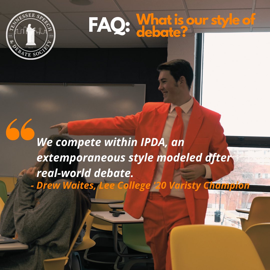 utkdebate's tweet photo. 3rd FAQ: What’s our style of debate? Varsity debater, Drew Waites, covers what to expect in the IPDA format! 

#utk #newvols #volsdebate #VFL #utknoxville #oneteam #onefamily #onewin #recruitment #speechanddebate https://t.co/URIgGfxb42