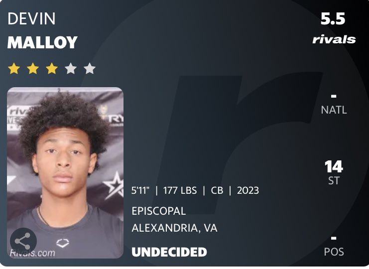 DevinMalloy2_'s tweet photo. Thankful for the blessing to be a 3 Star! I am also honored to be ranked 14th in the state of VA! @Rivals @VA2VARecruiting @Coach_Smitty @CoachLocks @TrueBlueTrooper @Coach_Hewitt86 @CoachLMorgan @Kirk_Benedict @AlPopsFootball @_AbuTuray https://t.co/JTZw5Q7Pj6