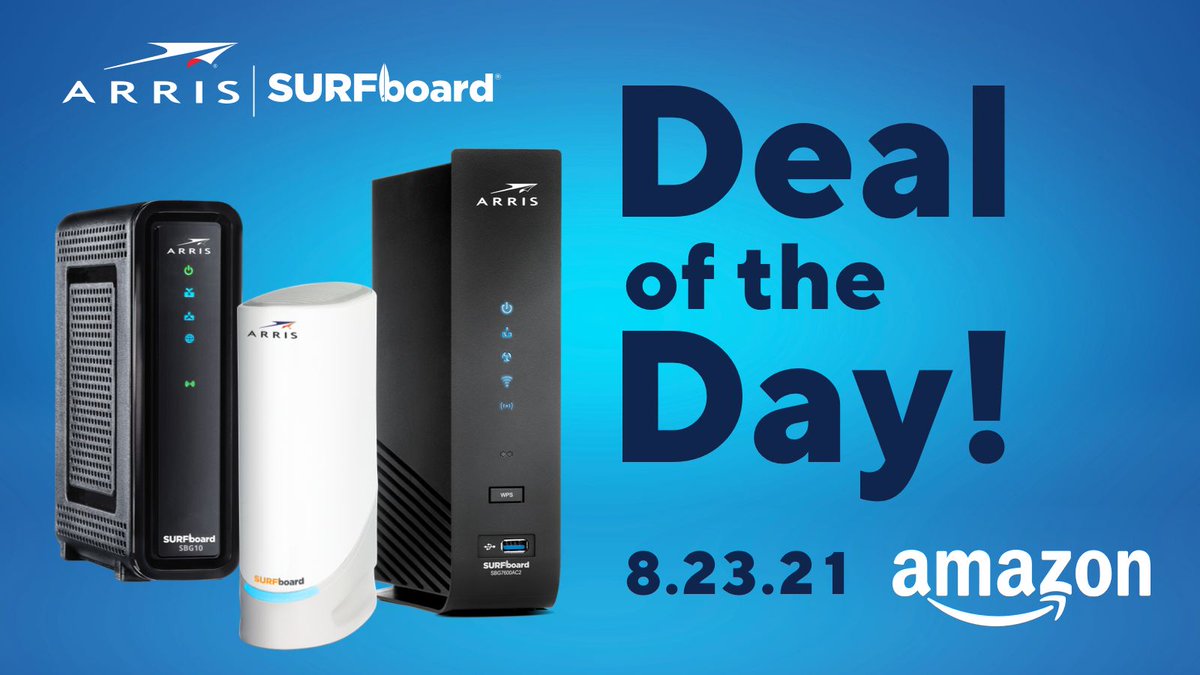 ARRIS's tweet photo. Looking to improve your #WiFi? Want to upgrade your #cablemodem? Then we have the #AmazonDealoftheDay. In four days (Aug. 23), you can save some cash and improve your #homenetwork by deploying #ARRISSURFboard products. https://t.co/gz27VYyTE7 #wifi #cablemodems https://t.co/WJWORKX5ez