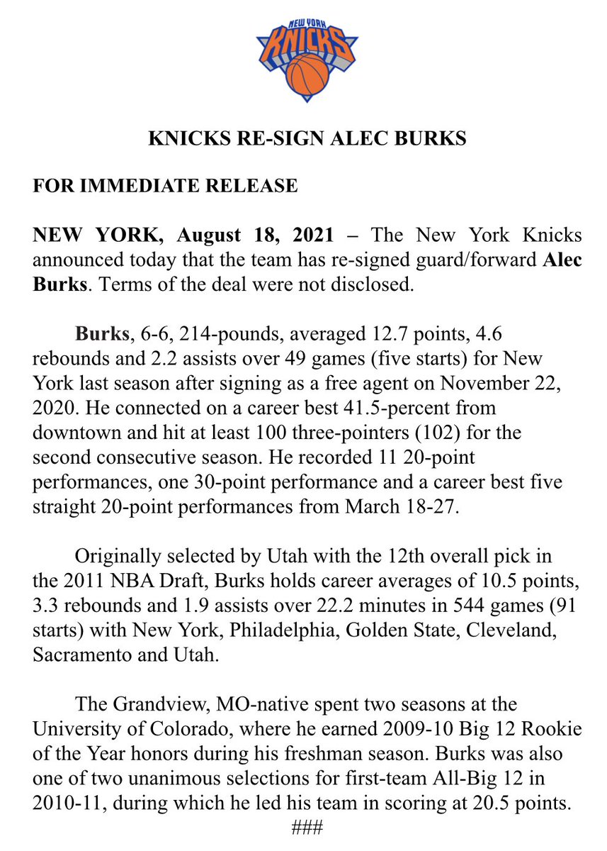 .<a href="/nyknicks/">NEW YORK KNICKS</a> Re-Sign Alec Burks